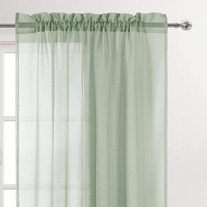 DWCN Bean Green Sheer Curtains for Kitchen Windows - Rod Pocket Semi Transparent Voile Tier Curtains for Bedroom, Living Room, Farmhouse, 36 x 36 inches Long, Set of 2 Panels