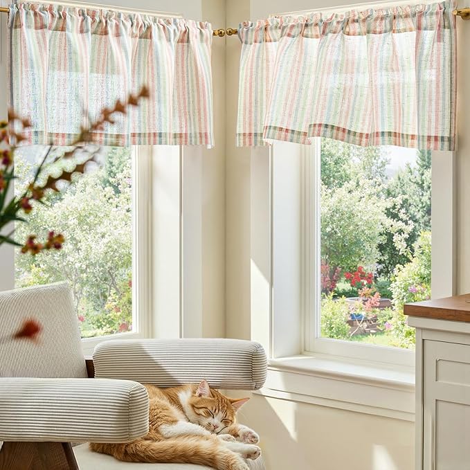jinchan Valance Curtain Linen Textured Striped Window Curtain for Living Room Light Filtering Farmhouse Valance for Kitchen Rod Pocket 1 Panel 16 Inch Candy on Linen 1 Panel