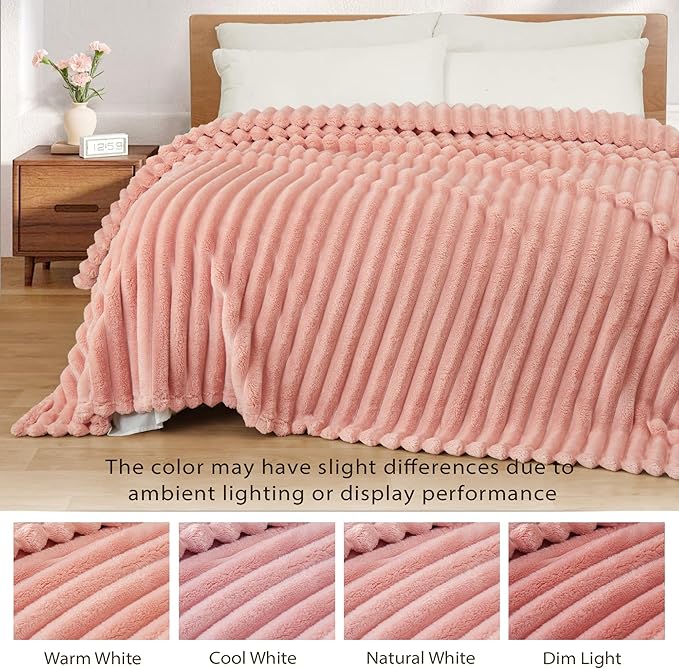 Exclusivo Mezcla Queen Size Flannel Fleece Blanket, Super Soft Striped Jacquard Bed Blanket, Lightweight Fuzzy Cozy for All Seasons, 90x90 Inches, Pink