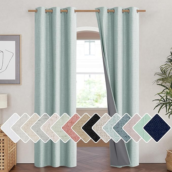 NICETOWN 100% Absolutely Blackout Linen Curtains with Thermal Insulated Liner, Seafoam Green, 42" Wide, 90" Length Energy Saving Curtains for Living Room 2 Panels Set, Vertical Blinds