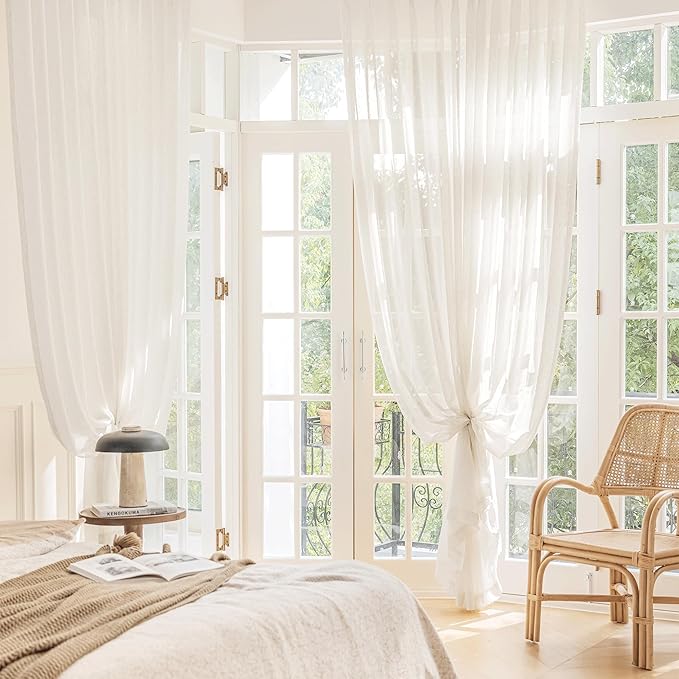 FMFUNCTEX Linen Sheer Curtains for Bedroom, Beige Curtains 63 inch Length for Living Room, Natural Flax Blend Window Draperies for Farmhouse Curtain, Rod Pocket 2 Panels