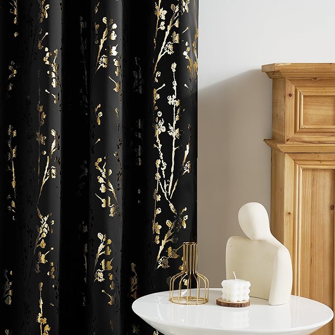 NICETOWN Blackout Kitchen Valances for Windows, Black Floral Scalloped Decor for Living Room Bathroom, Gold Foil Flower Shadow Printed Drapes 18 Inch Length with Rod Pocket, W42×L18, 1 Panel