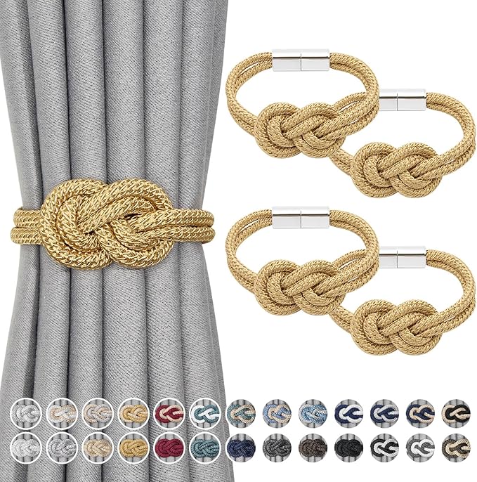 NICEEC 4 Pack Mini Magnetic Curtain Tiebacks Nordic Simple Style Drape Tie Backs Elegant Hand Weave Rope Knot Decorative Curtain Holdbacks for Home & Office Thin Window Drapery (Gold)