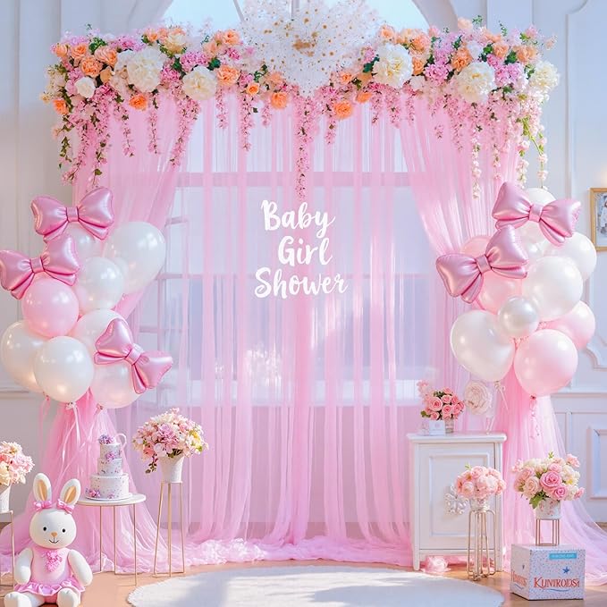 10ft x 15ft Pink Tulle Backdrop Curtain for Baby Shower Party Sheer Fabric Backdrop Curtains for Girls Birthday Gender Reveal Back Drop Wedding Photo Backdrop Drapes Background 2 Panels 5ft x 15ft