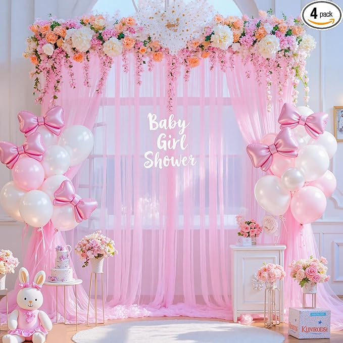 20ft x 12ft Pink Tulle Backdrop Curtain for Baby Shower Party Sheer Fabric Backdrop Curtains for Girls Birthday Gender Reveal Back Drop Wedding Photo Backdrop Drapes Background 4 Panels 5ft x 12ft