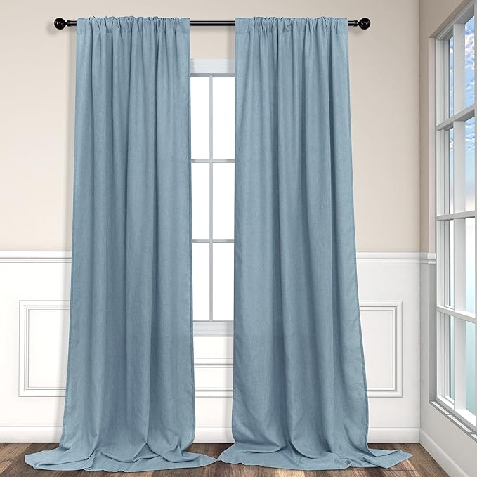 Blue Curtains 108 Inches Long For Living Room Dining 2 Panels Set Back Tab Pocket Farmhouse Linen Semi Sheer Blue Light Filtering Curtains for Bedroom Patio High Ceiling Balcony 9 FT Tall Stone Blue