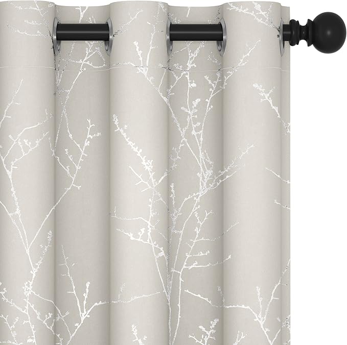 Deconovo Beige Bedroom Curtains, Room Darkening Curtain, Thermal Insulated Soundproof Drapes, Silver Branch Print, 42 x 63 Inch Long, Machine Washable Window Panels for Living Room Nursery, Set of 2