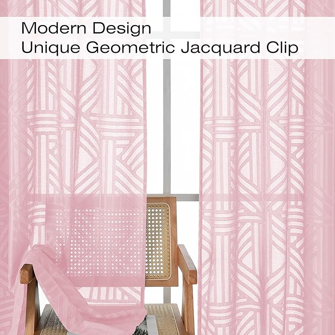 Simplebrand Blush Semi Sheer Curtains 96 Inches Long 2 Panels, Light Filtering Geometric Jacquard Clip Textured Sheer Curtains for Bedroom，Modern Elegant Window Curtains Drapes，42x96 inch