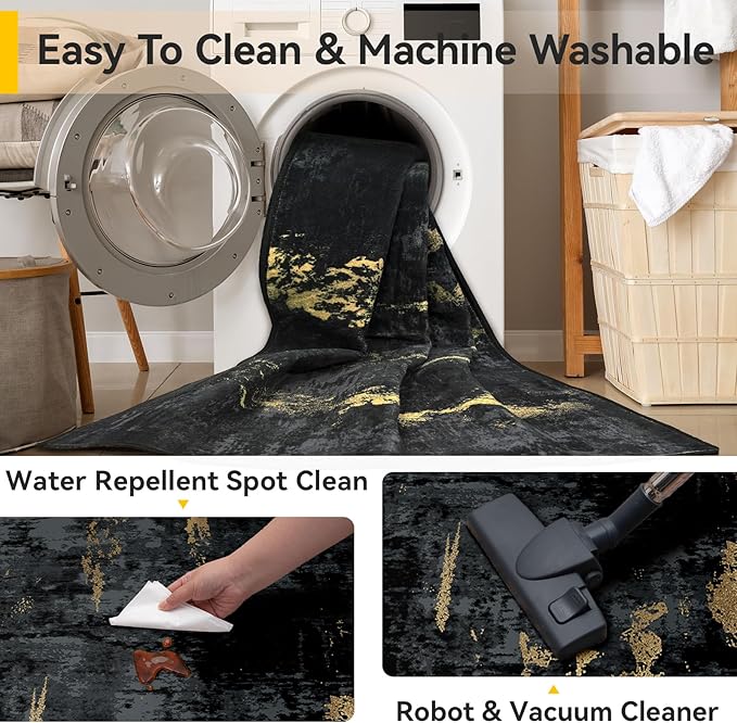 Washable Area Rugs 2'6'' x14 Non-Slip Modern Abstract Soft for Living Room Entryway Bedroom Nursery, Print Pattern, Dark Black Gold