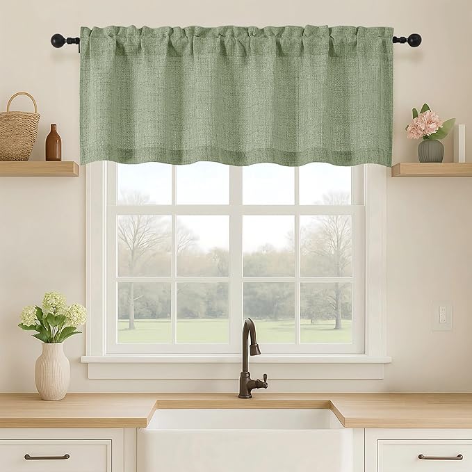 OVZME Green Valance for Windows, Light Filtering Faux Linen Textured Small Kitchen Valances for Windows, Dual Rod Pocket Farmhouse Short Curtain for Bathroom Basement, 52Wx18L inch, 1 Piece