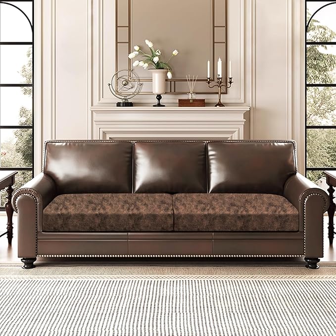 Leather Look Couch Cushion Covers Sofa Seat Slipcovers Sets Couches Furniture Protector for Sectional Armchair Loveseat Pets Kids Stretch Spandex Fabric (2 Cushion Sofa, Dark Brown)