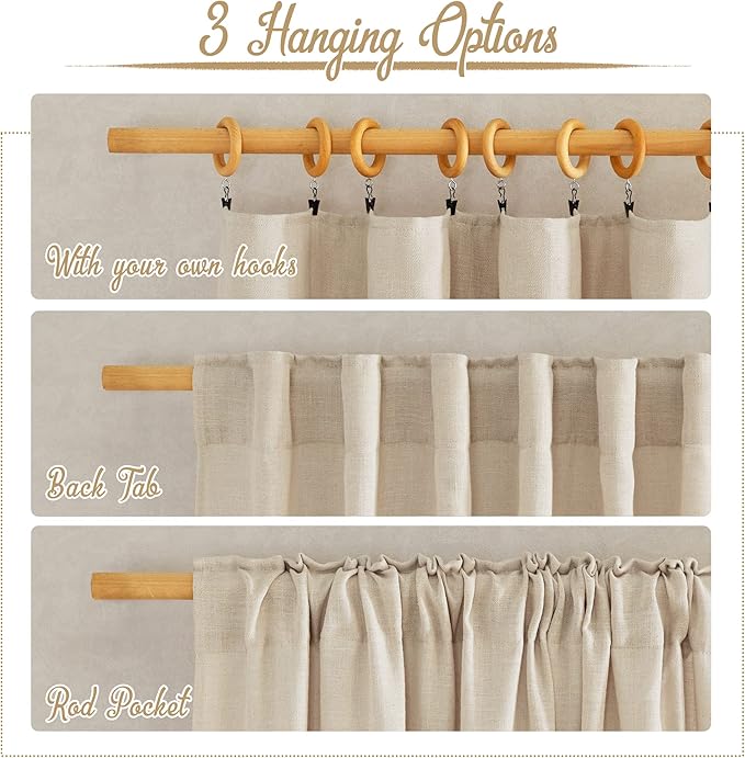 NICETOWN Linen Cream Curtains 90 inches Long, Rod Pocket & Back Tab Flax Linen Burlap Semi Sheer with Light Filtering Privacy Window Treatments for Bedroom/Living Room, W52 x L90, 2 Pieces