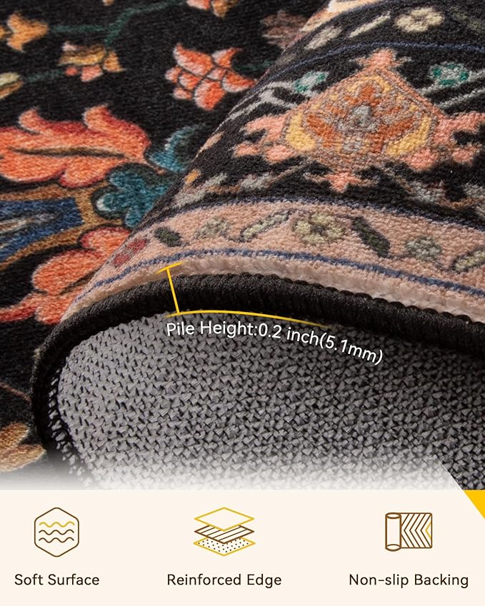 Area Rugs 7'x9' Washable Non-Slip, Floral Vintage Distress Print Pattern Medallion Carpet for Living Room Bedroom Dining Room, Black Colorful Floral Dark Tan