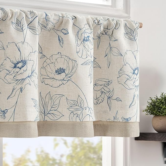 jinchan Linen Floral Valance Curtain for Kitchen Blue Flower on Beige for Windows Room Darkening Farmhouse Valance Double Layer Window Treatment Decoration 1 Panel Rod Pocket 16 Inch