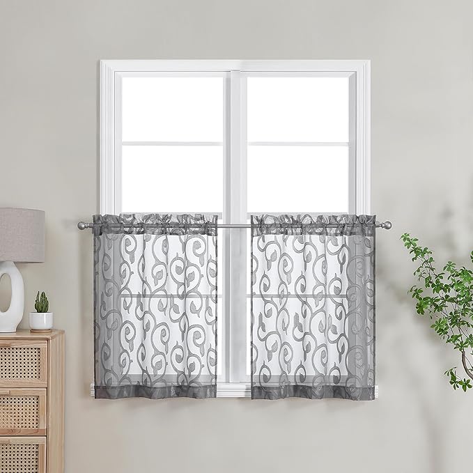 OWENIE Furman Sheer Curtains Tiers 24 Inch Length 2 Panels Set, Geometric Jacquard Clip Short Voile Grey Curtains for Kitchen/Living Room/Basement Window Curtains, Dual Rod Pocket, 28Wx24L inch