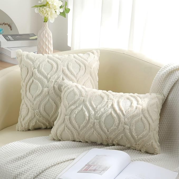 decorUhome Throw Pillow Covers 26x26 Inch Set of 2, Soft Plush Faux Wool Beige Solid Couch Pillow Covers, Accent Euro Sham Farmhouse Neutral Square Pillow Cases for Sofa Bed Living Room