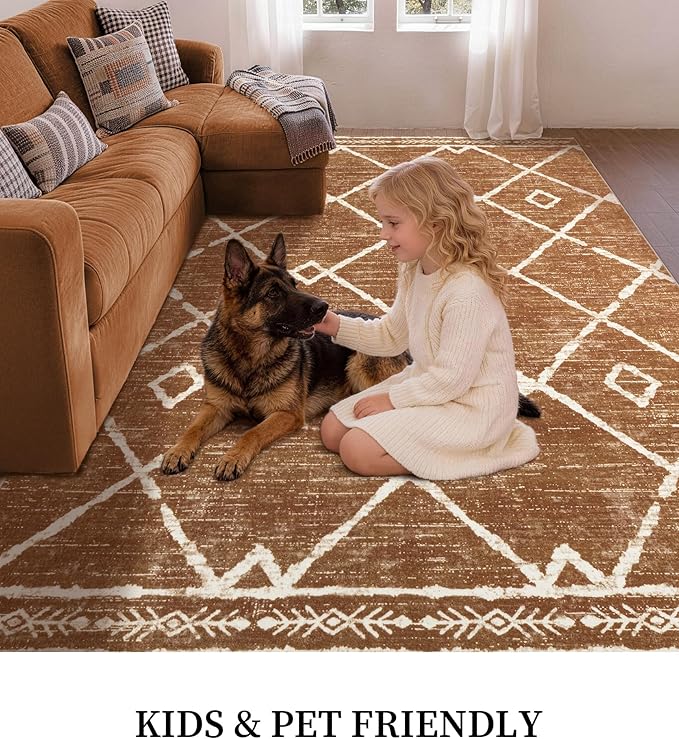YIHOUSE Western Area Rugs for Living Room 5x7, Moroccan Aztec Burnt Orange Rug, Southwestern Soft Low-Pile Washable Rugs for Bedroom, Dining Room