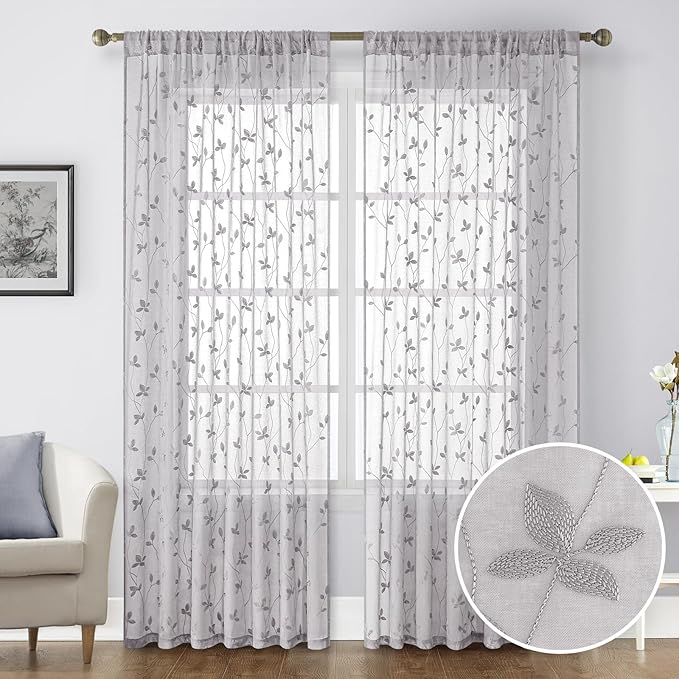 HOMEIDEAS Light Grey Sheer Curtains 52 X 96 Inches Length 2 Panels Embroidered Vine Floral Pattern Pocket Faux Linen Semi Sheer Voile Window Drapes for Bedroom Living Room