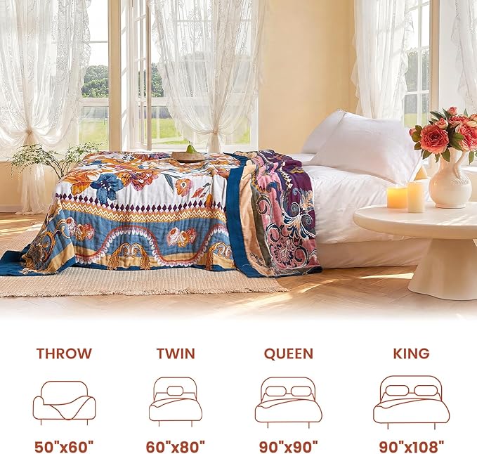 MSGKV Boho Throw Blanket 60"x80" Bed Floral 100% Cotton Blanket Spring Breathable Lightweight Twin Couch Blankets All Seasons Home Decor Muslin
