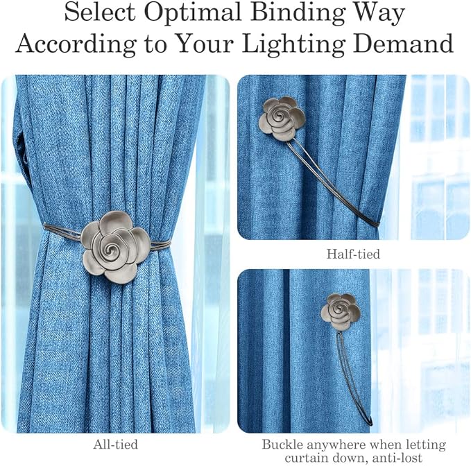Lewondr Curtain Tie Magnetic, Vintage Resin Flower Curtain Holdback with Rope Drapery Retro Window Curtain Decorative Buckle Holder for Outdoor, Home Office, and Cafe Balcony, Gray