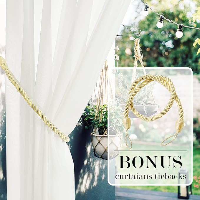 RYB HOME Detachable Sticky Tab Top Outdoor Curtain Sheer for Patio Arbor Cabana, Privacy Light & Airy for Pavilion Farmhouse Cabin Canopy Bed, 1 Free Rope, Beige, Wide 54 x Long 108 inches