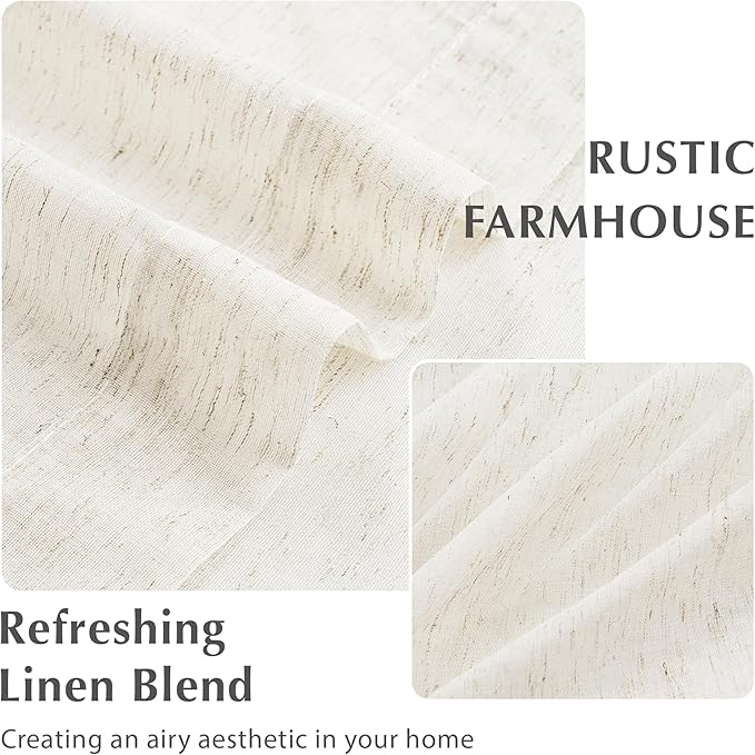 FMFUNCTEX Linen Sheer Pinch Pleated Curtains for Bedroom, Linen Flax Beige 72 Inches Long Sheer Curtain See Through Panels for Living Room, Natural Window Drapes for Farmhouse, Rod Pocket 2 Panels