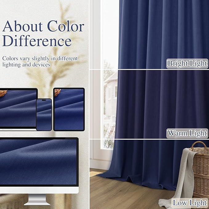 Guken 100% Blackout Curtains 120 Inch Length 2 Panels Set for Living Room Bedroom Back Tab Thermal Insulated Black Out Linen Drapes Room Darkening Window Curtains Classic Blue 52x120