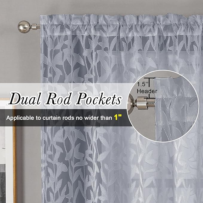 Lecloud Leia Light Grey Sheer Curtains 96 Inches Long 2 Panels, Jacquard Leaves Textured French Door Curtains Dual Rod Pockets, Farmhouse Living Room Bedroom Drapes Window Treatments, 40 W x 96 L