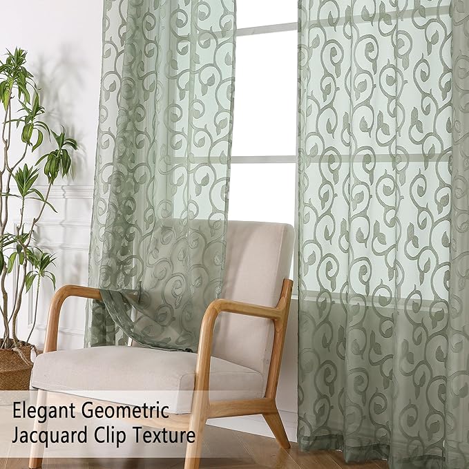 OWENIE Sage Green Semi Sheer Curtains 84 inches Long for Bedroom Living Room 2 Panels Set, Light Filtering Semi Sheer Curtains Elegant Clip Jacquard, Rod Pocket Window Treatments, 2 Pcs = 84" Width