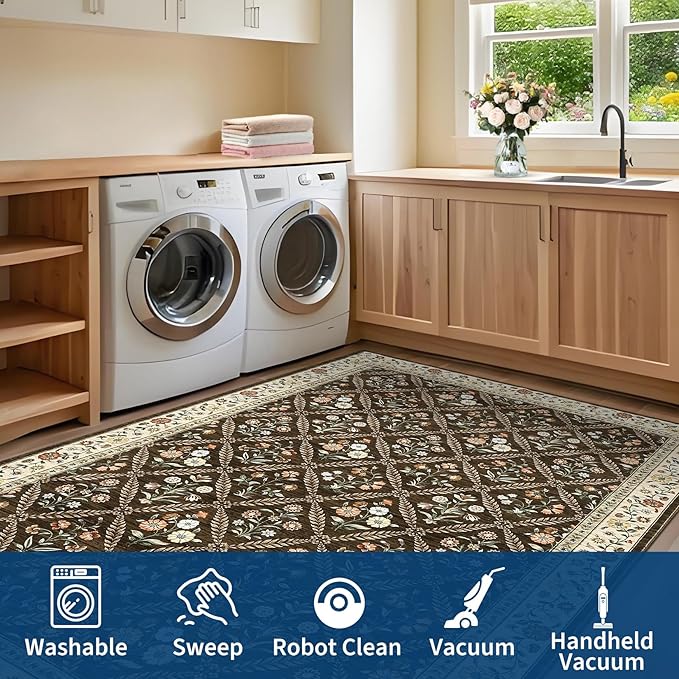 Large Entryway Rug 3x5 Floral Washable Area Rugs Vintage Soft Non-Slip Small Floor Carpet Doormat Stain Resistant Low-Pile Ultra-Thin Entry Mat for Bedside Kitchen Brown