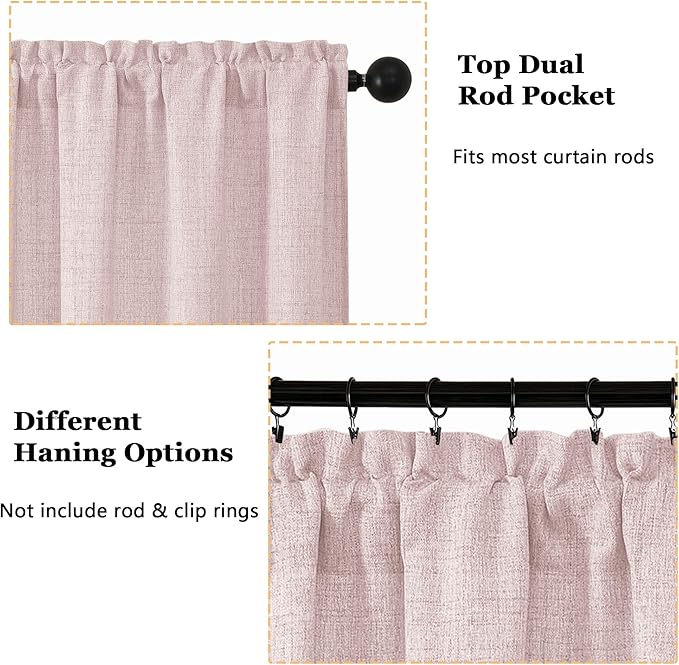 OWENIE Blush Pink Valances for Windows 1 Pcs, Light Filtering Textured Farmhouse Short Small Valance Curtains for Bathroom Basement Living Room, Rod Pocket Half Curtains for Windows, 60Wx12L Inch