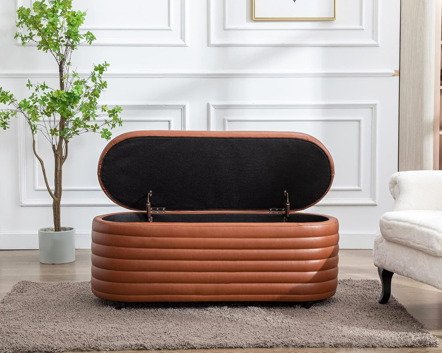 Storage Ottoman Bench Upholstered PU Leather End of Bed Stool with Safety Hinge for Bedroom, Living Room, Entryway (44.5-inch, Brown), TN2436