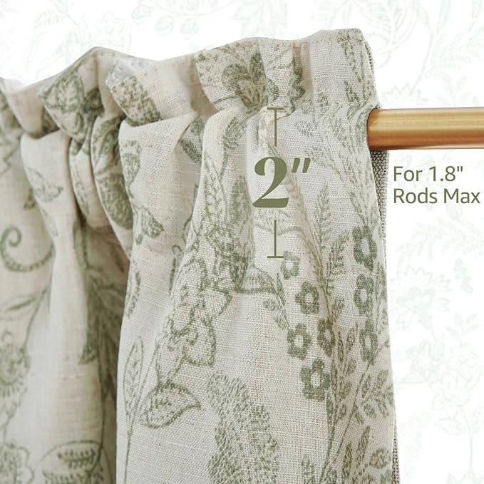jinchan Linen Valance Curtain Farmhouse Floral Printed Small Window Curtain for Kitchen Rustic Country Light Filtering Valance for Living Room Bedroom 16 Inch Rod Pocket 1 Panel Sage Green on Beige
