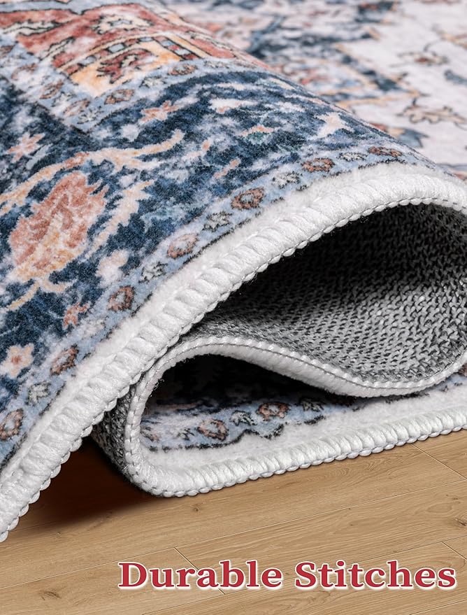 SERISSA Runner Rug for Hallways, 2'6"x12' Washable Non Slip Kitchen Runner Rug, Extra Long Boho Rug Ultra Soft Vintage Blue Orange Floor Carpet for Bedroom Hallway Entryway Bathroom Laundry Room