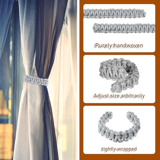 Ptwola 4 Pack Braided Curtain Tiebacks Boho Elegant Rustic Curtain Holdbacks Tie Backs Holders Set Simple Light Weight Drapes Decorative Accessories Handmade for Home Office Bedroom Window (4, Grey)