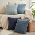 Fancy Homi Set of 4 Blue Decorative Throw Pillow Covers 18x18 Inch for Couch Bed Chair, Modern Farmhouse Boho Room Decor, Soft Fuzzy Corduroy Textured Striped Coastal Blue Cushion Case 45cm