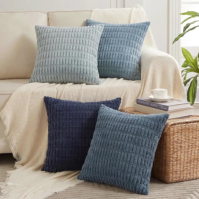 Fancy Homi Set of 4 Blue Boho Decorative Throw Pillow Covers 24x24 Inch for Couch Bed Sofa, Aesthetic Modern Bohemian Room Decor, Soft Fuzzy Fluffy Cozy Corduroy Coastal Blue Cushion Case 60x60cm