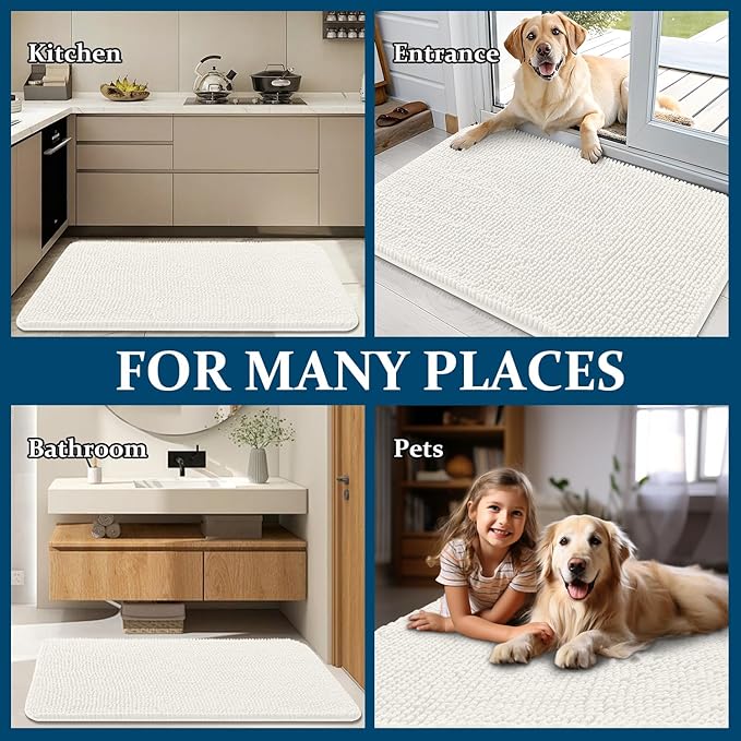 OLANLY Dog Door Mat for Muddy Paws 24x16, Absorbs Moisture and Dirt, Absorbent Non-Slip Washable Doormat, Quick Dry Chenille Mud Mat for Dogs, Entry Indoor Entryway Carpet for Inside Floor, Ivory
