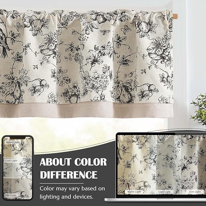 jinchan Linen Valance Curtain for 16 Inch Rustic Farmhouse Country Windows for Living Room Bedroom Bathroom Room Darkening Rod Pocket 1 Panel Black on White