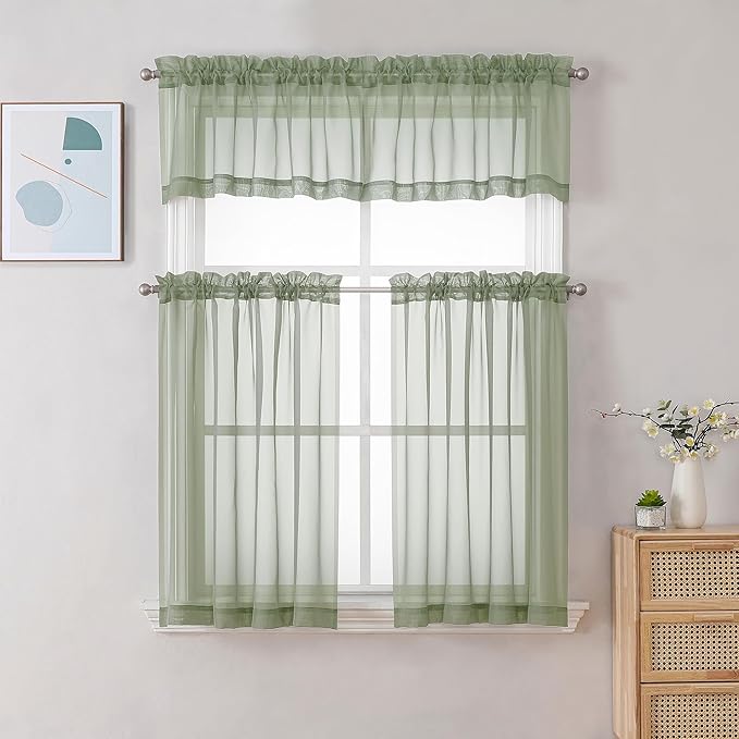 Gwine Sage Green Sheer Curtain Tiers 24 Inch Length, Light Filtering Voile Short Curtain for Living Room Bedroom, Rod Pocket Cafe Curtains for Small Windows 42x24 Inch, 2PCS