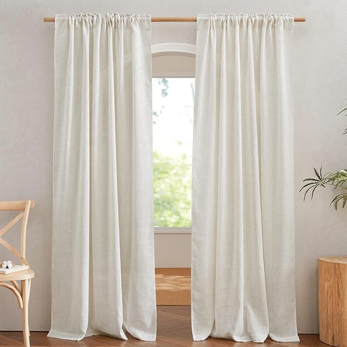 NICETOWN Linen Sheer Curtains for Living Room 108 inch Long, Rod Pocket & Back Tab Privacy with Light Filtering Linen Weave Window Drapes for Bedroom/Villa, Burlap, W52 x L108