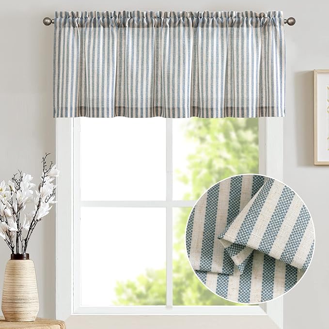 jinchan Valance Curtain Linen Textured Striped Window Curtain for Living Room Light Filtering Farmhouse Valance for Kitchen Rod Pocket 1 Panel 16 Inch Blue on Linen 1 Panel