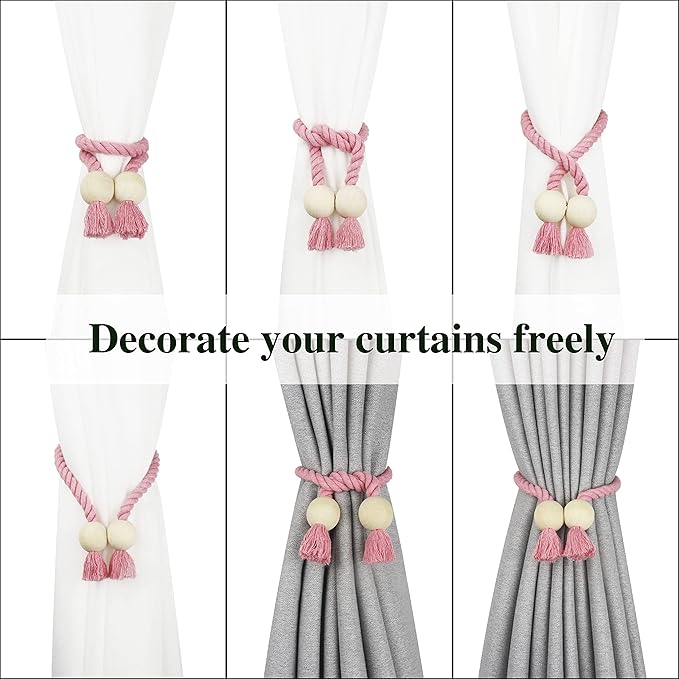 6 Pack Magnetic Curtain Tiebacks Cotton Hand Woven Tie Back Decorative Rope Holdbacks for Curtains Draperies No Tools Required, Pink
