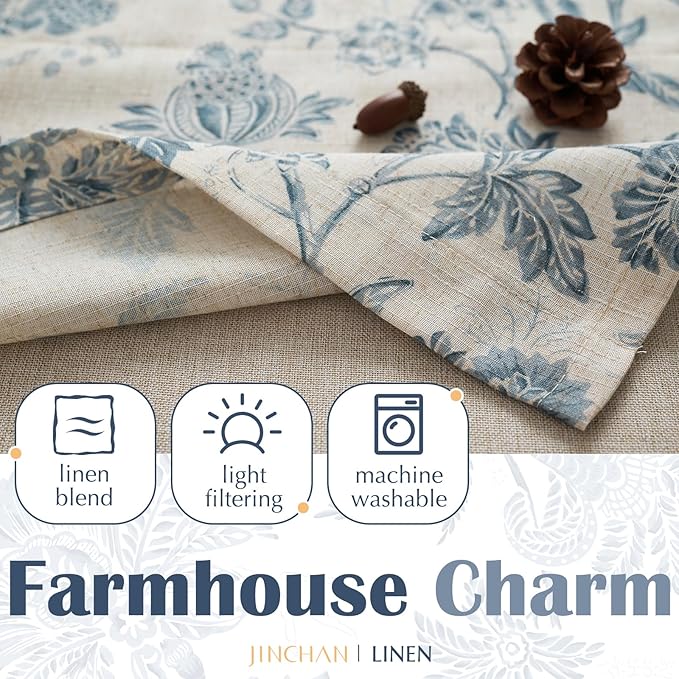 jinchan Floral Valance Curtain Linen Kitchen Valance for Windows 16 Inch Farmhouse Light Filtering Floral Short Window Treatment for Living Room 1 Panel Rod Pocket Double Layer Blue on Beige