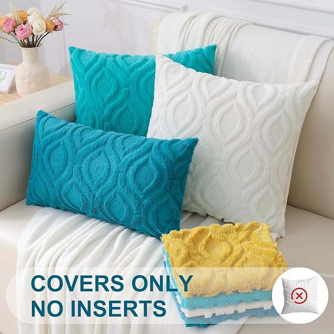 decorUhome Summer Throw Pillow Covers 18x18 Inch Set of 2, Soft Plush Faux Wool Turquoise Solid Couch Pillow Covers, Accent Farmhouse Neutral Square Pillow Cases for Sofa Bed Living Room