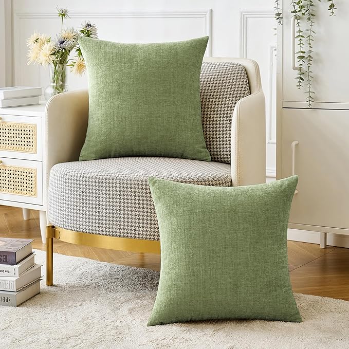 MIULEE Pack of 2 Couch Throw Pillow Covers 24x24 Inch Spring Soft Sage Green Chenille Pillow Covers for Sofa Living Room Solid Dyed Pillow Cases