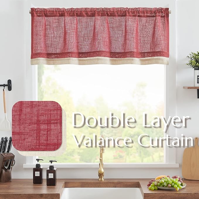 jinchan Linen Valance for Farmhouse Living Room Windows 16 Inch Slubbed Crossed Double Layer Window Valance Light Filtering Rustic Country Overlay Rod Pocket 1 Panel Burgundy