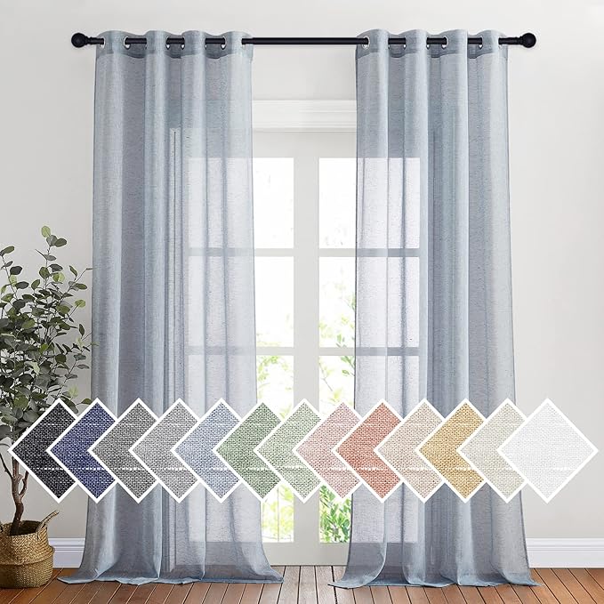 NICETOWN Linen Semi Sheer Flax Curtains 96" L, Eyelet Top Bedroom Window Privacy Translucent Light Filtering Flax Sheer Drapes for Guest Room, 104 inches Wide Total 2 Panels, Sea Mist