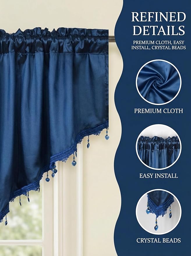 Molaxhome Swag Curtain 51 inch Length Rod Pocket Scalloped Curtain Valance Sheer Lace Panels with Hanging Crystal Beads for Kitchen Bedroom Window Treatments Drape Decor 1pc (Cloth Navy, 51Wx23L)
