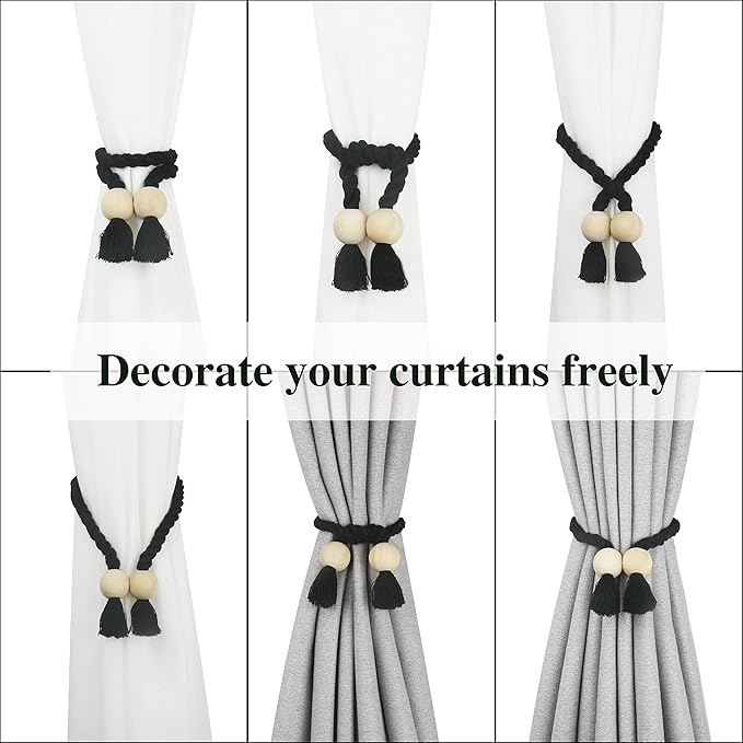 6 Pack Magnetic Curtain Tiebacks Cotton Hand Woven Tie Back Decorative Rope Holdbacks for Curtains Draperies No Tools Required, Black